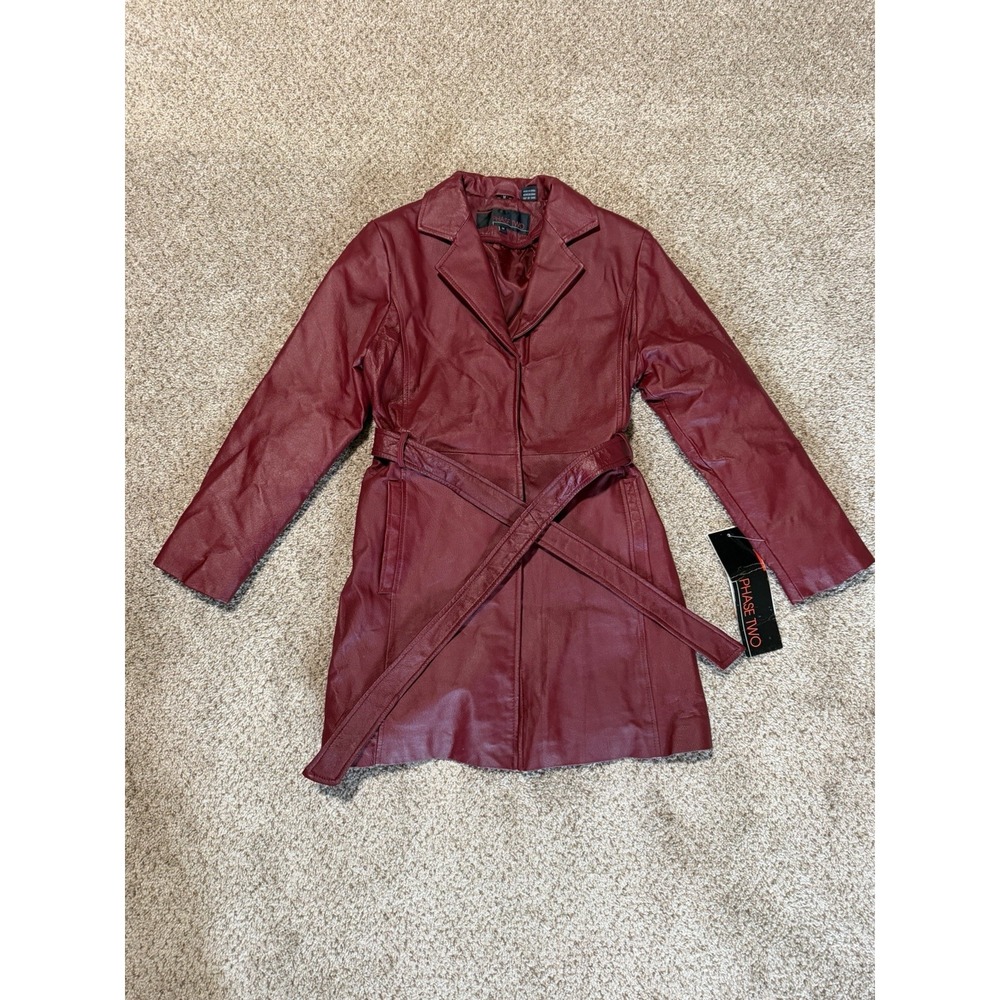 Vintage Phase Two Leather Trench Coat Womens Medium Red Maroon Burgundy Belted